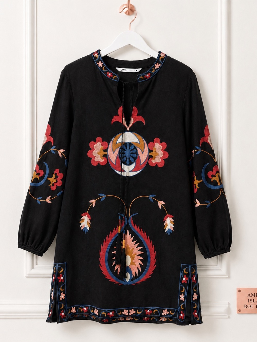 Zara Womens Small Black Multi Embroidered Boho Tassel Beaded 70s Tunic Dress